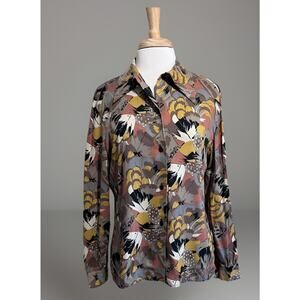 BOHNE Vintage 80s Abstract Feathers Taupe Button Down Top Shirt Women's M